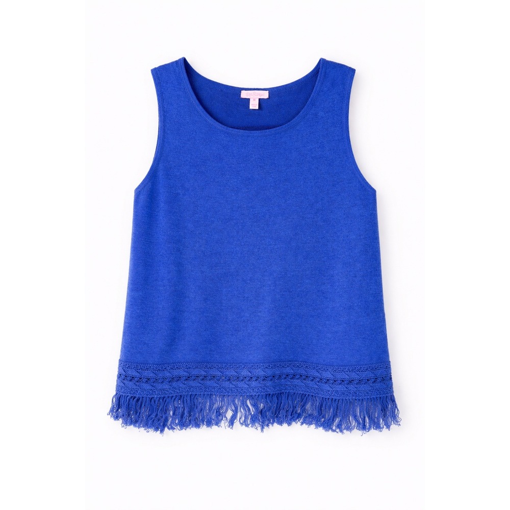 Lilly Pulitzer Edenwood Linen Fringed Tank Royal Blue Split Open Back Medium - Picture 3 of 7
